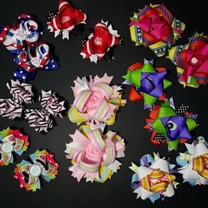 Lot of 8 pairs hair bows clips french barrette girls pink blue green yellow